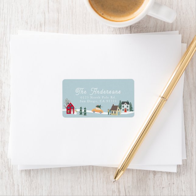 Étiquette Christmas Holiday Ville/Village Blue Adresse (En situation)
