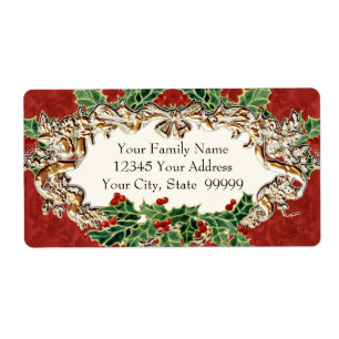 Étiquette Christmas Holly w Gold Look Ruban n Damask Étiquet