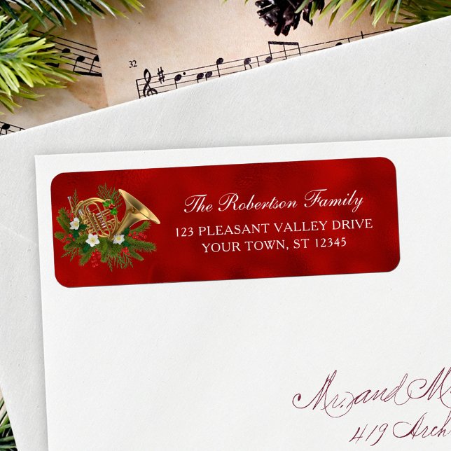 Étiquette Christmas Music French Horn Red Retour Adresse (Créateur téléchargé)