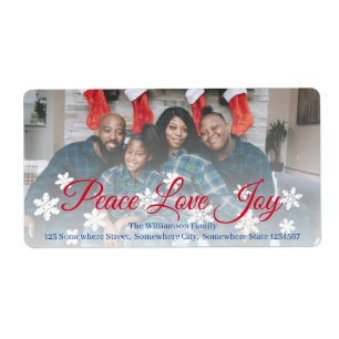 Étiquette Christmas Peace Love Joie Rouge Script Votre Photo