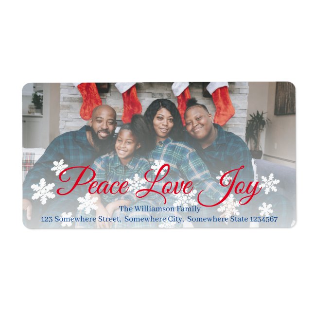 Étiquette Christmas Peace Love Joie Rouge Script Votre Photo (Devant)
