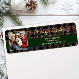 Étiquette Christmas Plaid Gold Family Photo Return Adresse