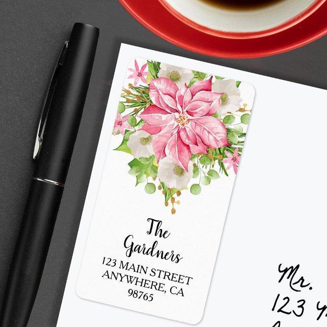 Étiquette Christmas Poinsettia Floral Holiday Adresse (Christmas Pink Poinsettia Floral Holiday Address Labels)