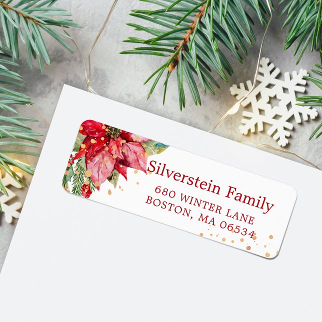 Étiquette Christmas Poinsettia Gold Splatter Adresse de reto (Christmas Poinsettia Gold Splatter Return Address Label)