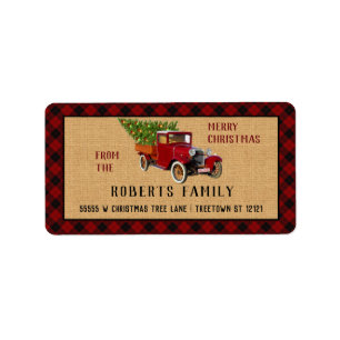 Étiquette Christmas Tree Farm Vintage Camion rouge Plaid Rus