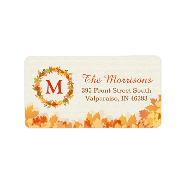 Étiquette Classé Automne Rouge or Feuille Wreath Monogramme (Devant)