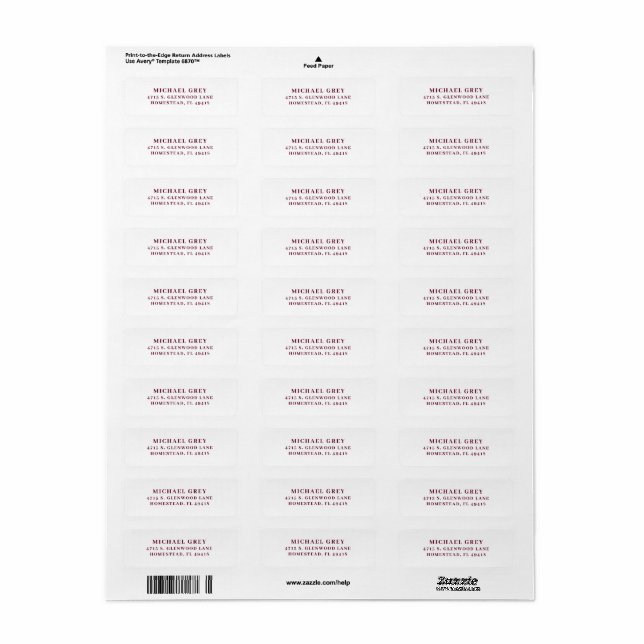 Étiquette Classic Dark Burgundy Modern Adresse de retour (Feuille entière)