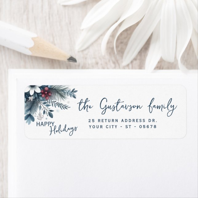 Étiquette Classy Dark Teal Blue Red Floral Holiday Wreath (En situation)