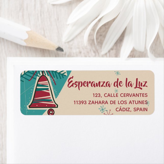 Étiquette cloche de Noël milieu siècle moderne (En situation)