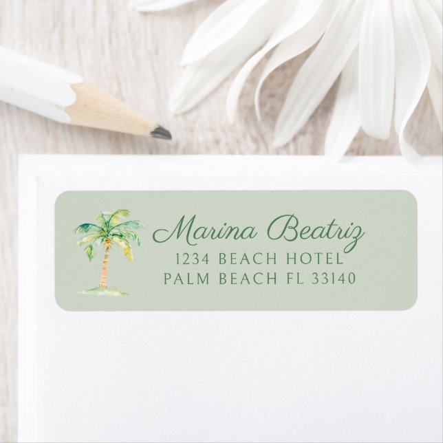 Étiquette Coastal Green Cabana Palm Tree Beach Club Adresse  (En situation)