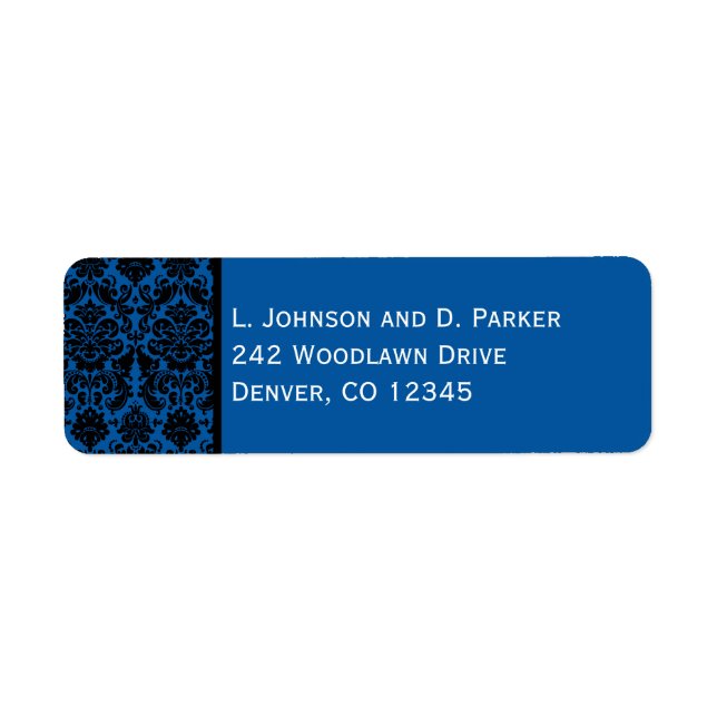 Étiquette Cobalt Blue et Black Damask Adresse de retour (Devant)