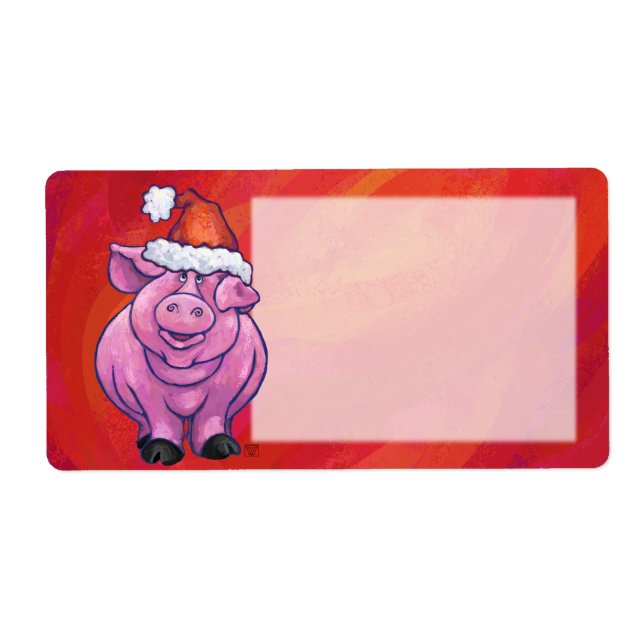 Étiquette Cochon mignon à Santa Hat sur rouge (Devant)