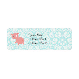Étiquette Cochon rose mou ; Damas Turquoise