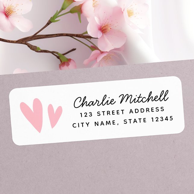 Étiquette Coeurs roses mignons écriture manuscrite adresse d (Cute pink hearts handwritten script return address label)
