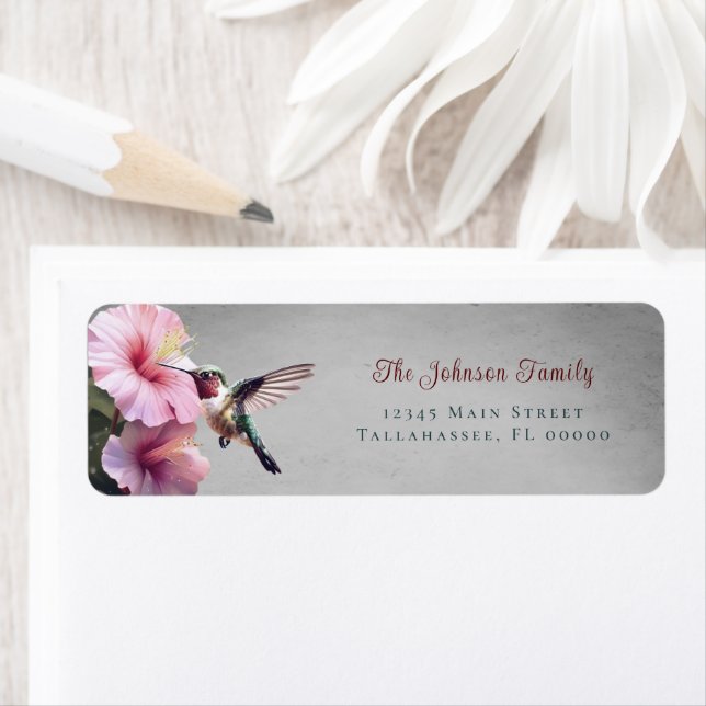 Étiquette Colibri et Hibiscus | Adresse du Mariage gris (En situation)