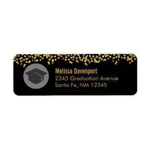 Étiquette Confetti d'or sur noir avec capuchon de graduation
