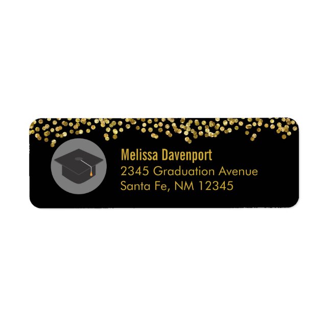 Étiquette Confetti d'or sur noir avec capuchon de graduation (Devant)