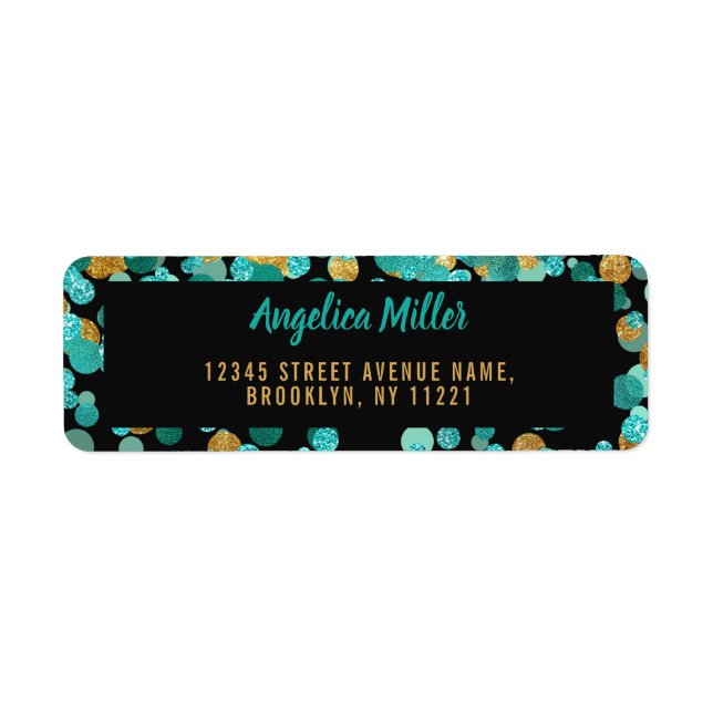 Étiquette Confetti Turquoise Gold Parties scintillant Noir T (Devant)