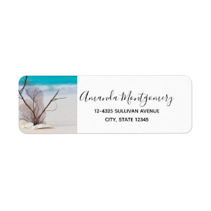 Étiquette Coquillages blancs sur une plage tropicale