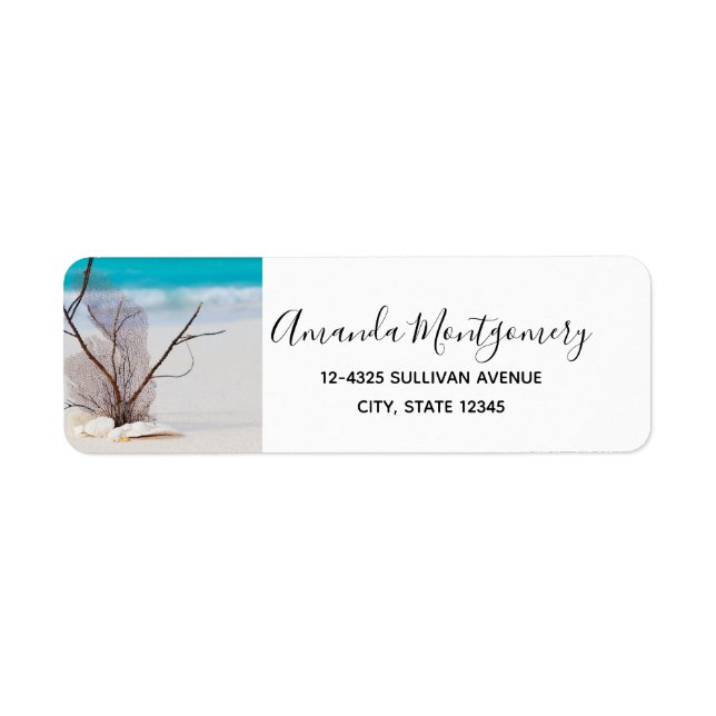 Étiquette Coquillages blancs sur une plage tropicale (Devant)