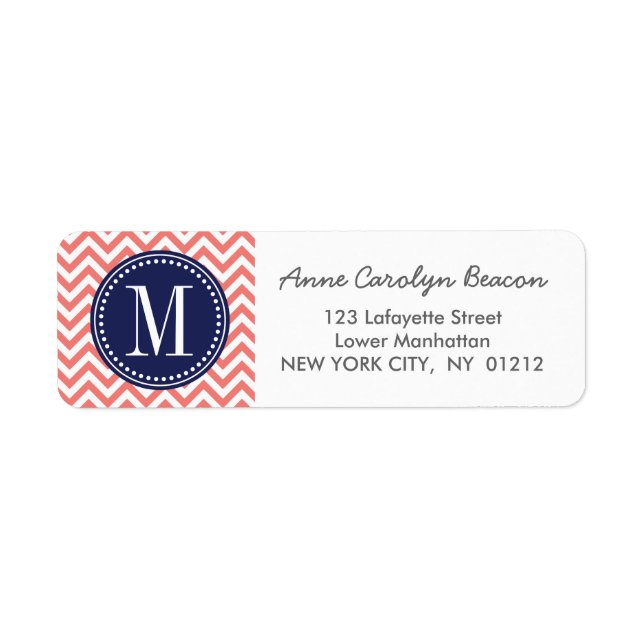 Étiquette Coral Chevron Zigzag Monogramme personnalisé (Devant)