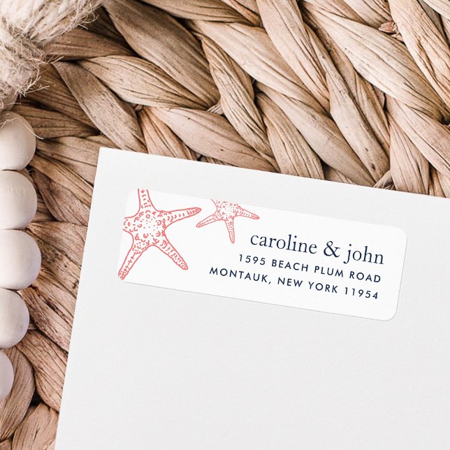 Étiquette Coral & Navy Starfish Adresse de retour (Créateur téléchargé)