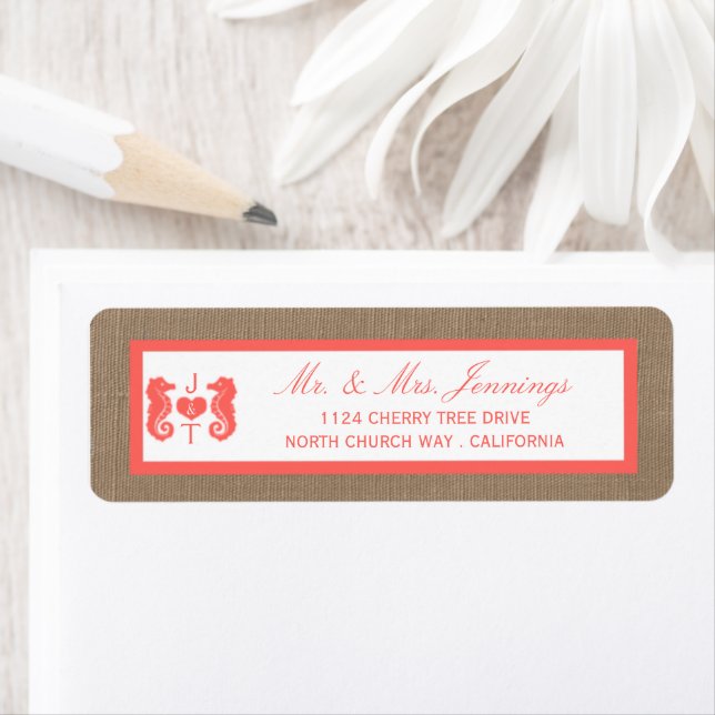 Étiquette Coral Seahorse Burlap Beach Wedding Collection (En situation)