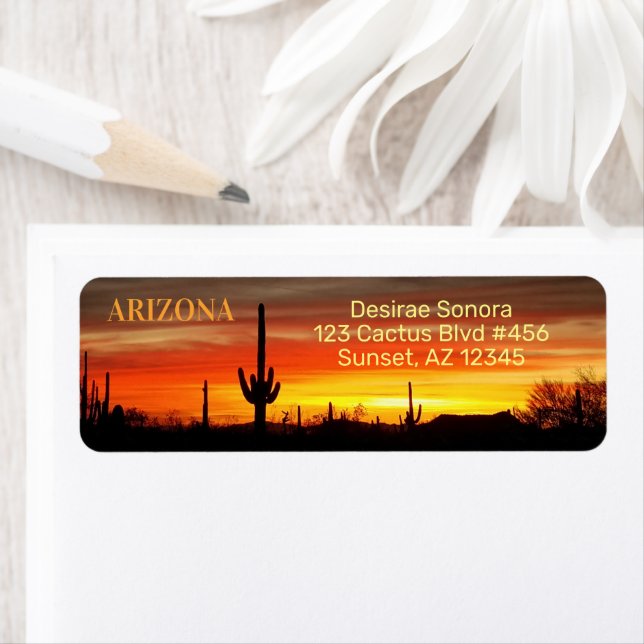 Étiquette Coucher de soleil de l'Arizona / Saguaro Cactus /  (En situation)