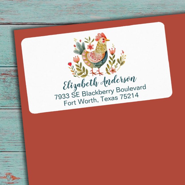 Étiquette Country Farmhouse Aquarelle Poulet Folk Art (A pretty folk art watercolor chicken address label)