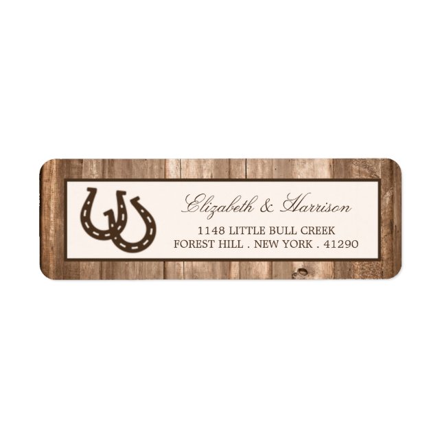 Étiquette Country Rustic Horseshoe & Brown Wood Mariage (Devant)