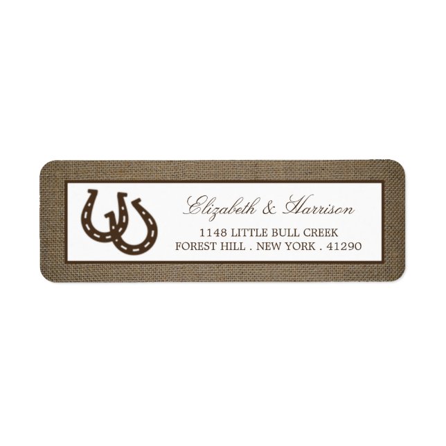 Étiquette Country Rustic Horseshoe Sur Burlap Mariage (Devant)