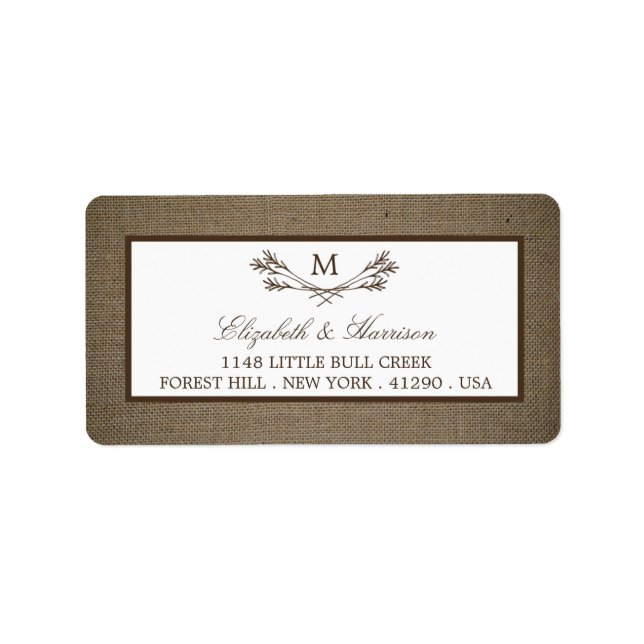 Étiquette Country Rustic Monogramme Branche & Mariage Burlap (Devant)