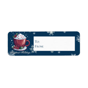 Étiquette Coupe de Noël de chocolat chaud   Cadeau bleu
