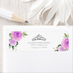 Étiquette Couronne de Quinceanera Argent Violet Floral Label
