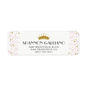 Étiquette Couronne d'or et adresse rose de confettis