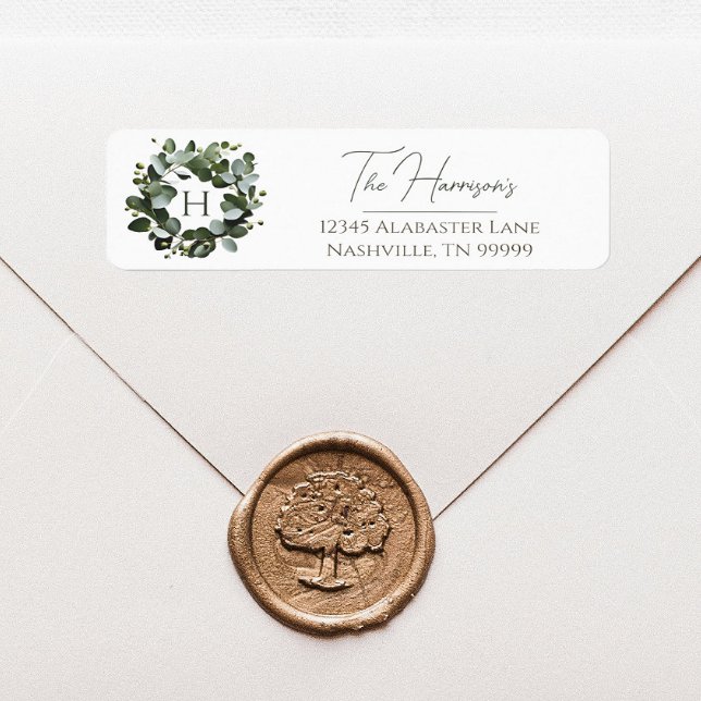 Étiquette Couronne Monogramme Eucalyptus moderne | BLANCHE (White Modern Monogram Eucalyptus Wreath Wedding Address Label)