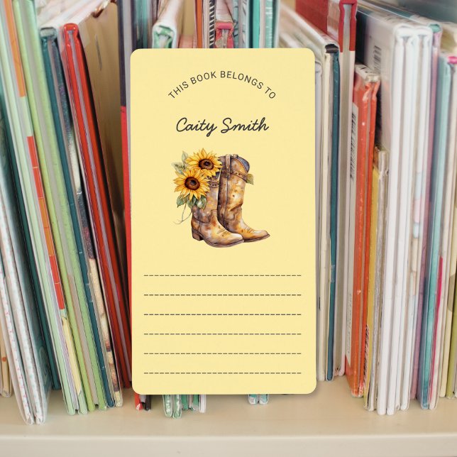 Étiquette Cowgirl Botte tournesol bibliothèque livres (Créateur téléchargé)
