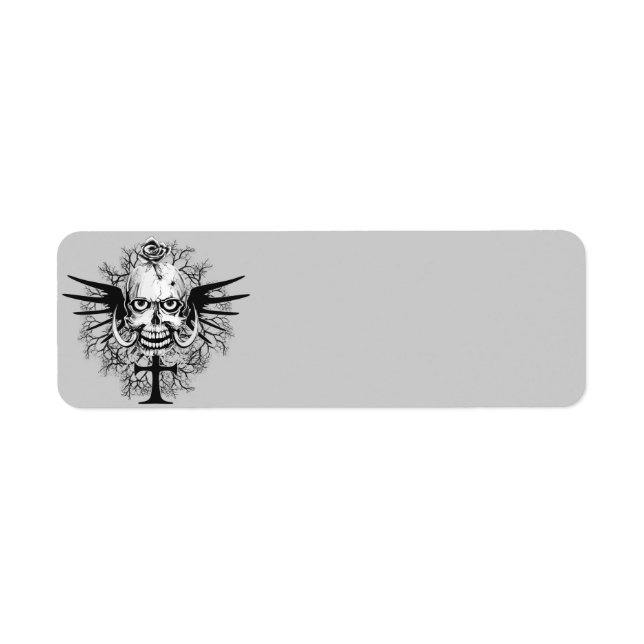 Étiquette Crâne Avec Rose, Cornes, Croix, Ailes Illustration (Devant)