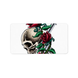 Étiquette Crâne occidental avec les roses rouges et le