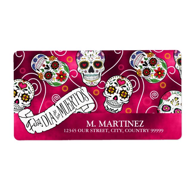 Étiquette Crânes à sucre et tourbillons Rose Red ID725 (Devant)
