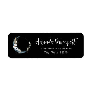 Étiquette Crescent Bleu Lune avec Fleurs Blanches Adresse