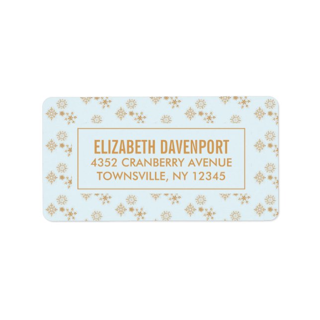 Étiquette Cristaux de flocon d'or sur bleu glacé - Noël (Devant)