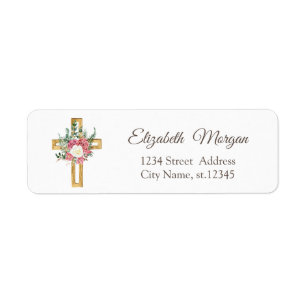 Étiquette Croix florale dorée Première Sainte Communion 