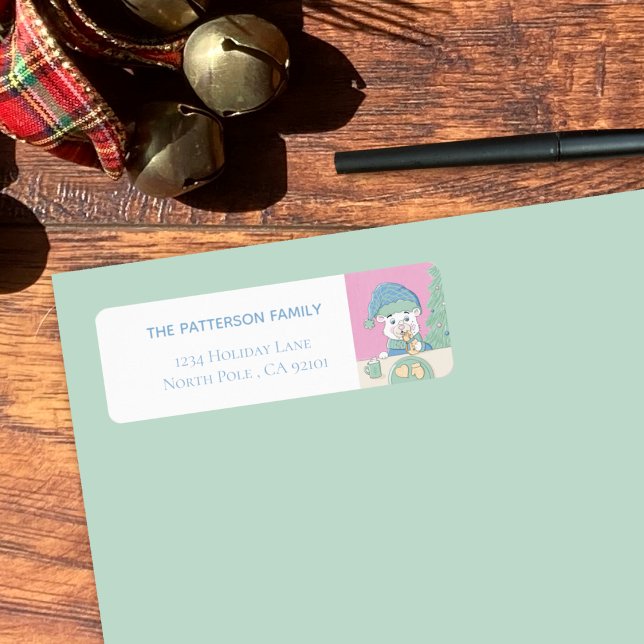 Étiquette Cub Ours Polaire Manger Cookie de Noël (Sweet polar bear cub Christmas return address label on an envelope .)