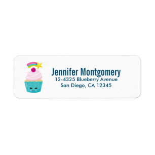 Étiquette Cupcake bleu mignon avec visage Kawaii