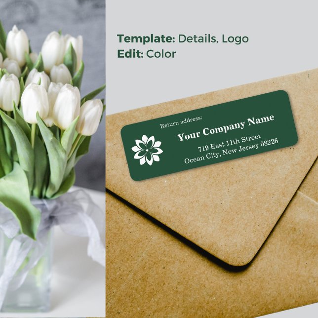Étiquette Custom Green & White Florist Shop Adresse de retou (Custom Green & White Florist Shop Return Address Label, White Blossom Logo)