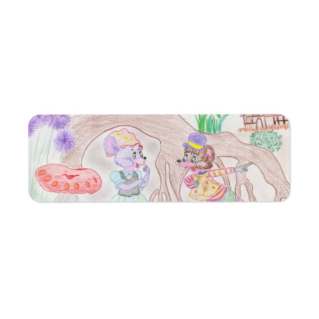 Étiquette Custom Kids Artwork, deux mignonnes souris, fleurs (Devant)