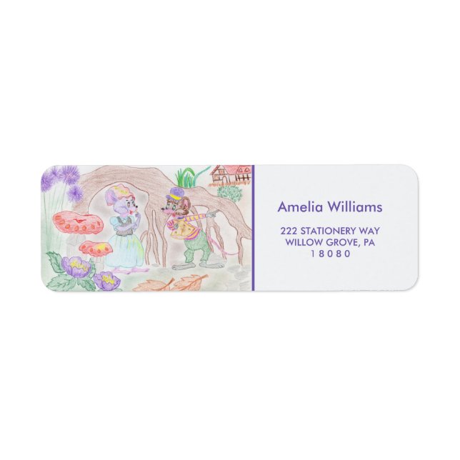 Étiquette Custom Kids Artwork, deux mignonnes souris, fleurs (Devant)