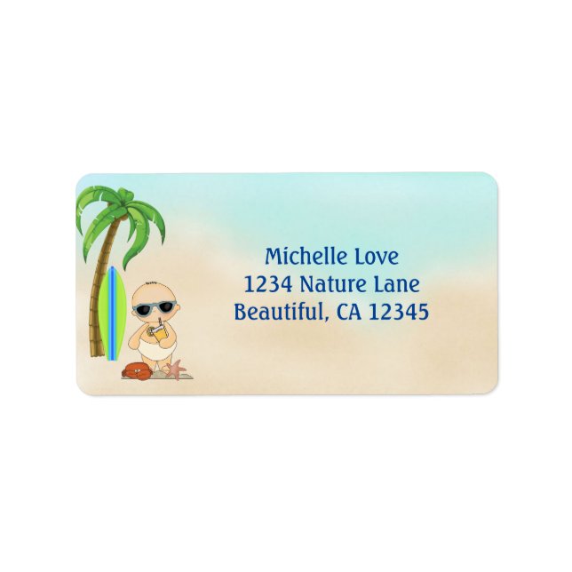 Étiquette Cute Boy Beach Baby and Surfboard Adresse tropical (Devant)