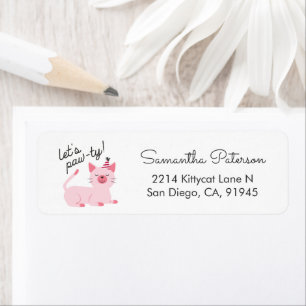 Étiquette Cute Cat Party Invitation rose Adresse de retour